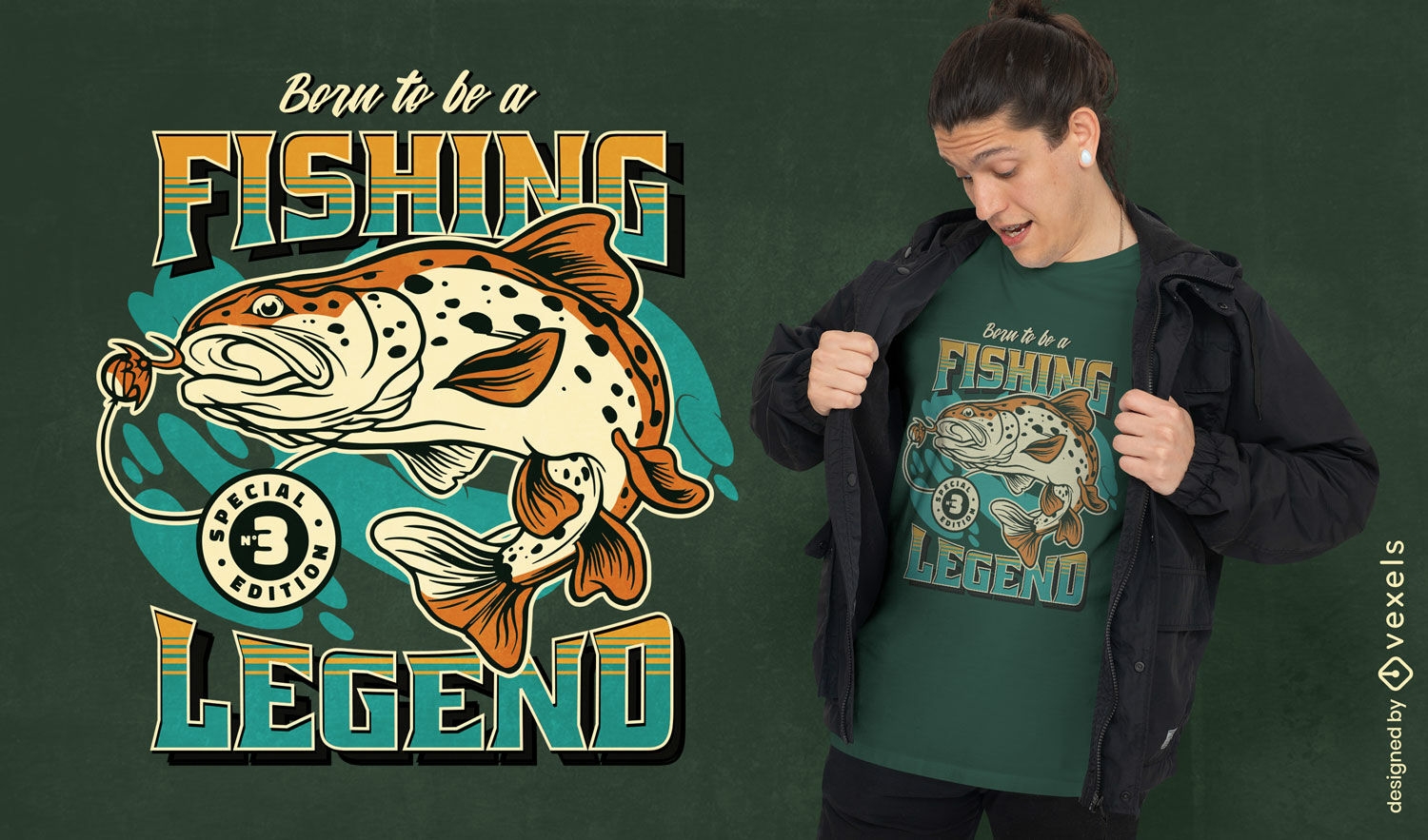 Design de camiseta retrô lenda da pesca