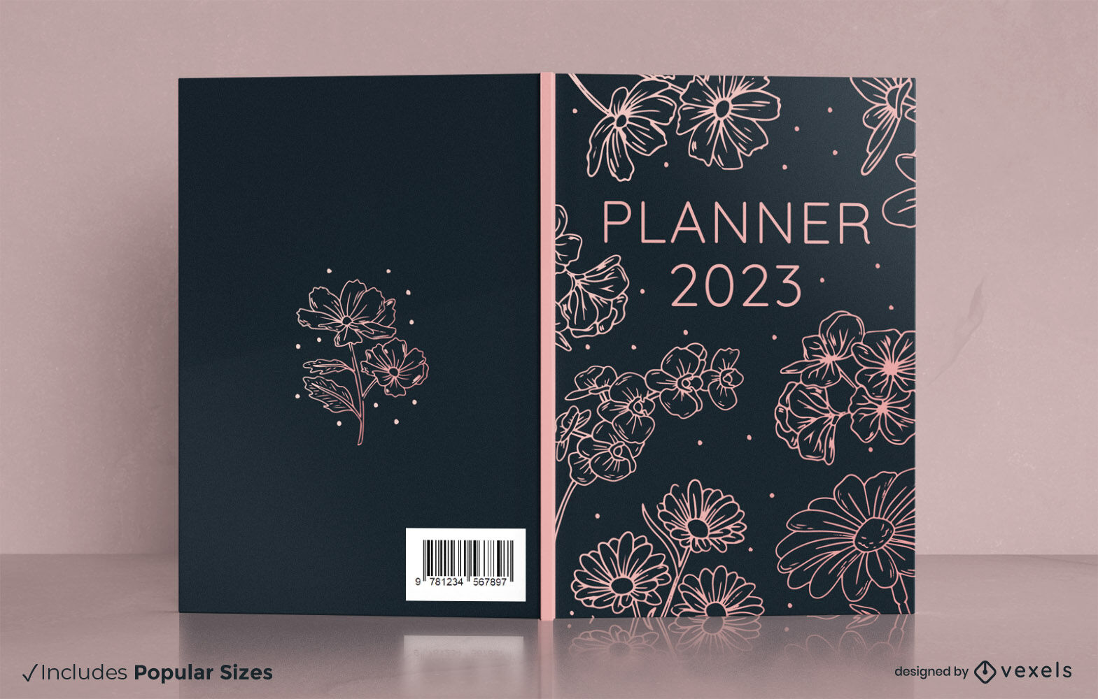 diseño de portada de libro de planificador floral 2023