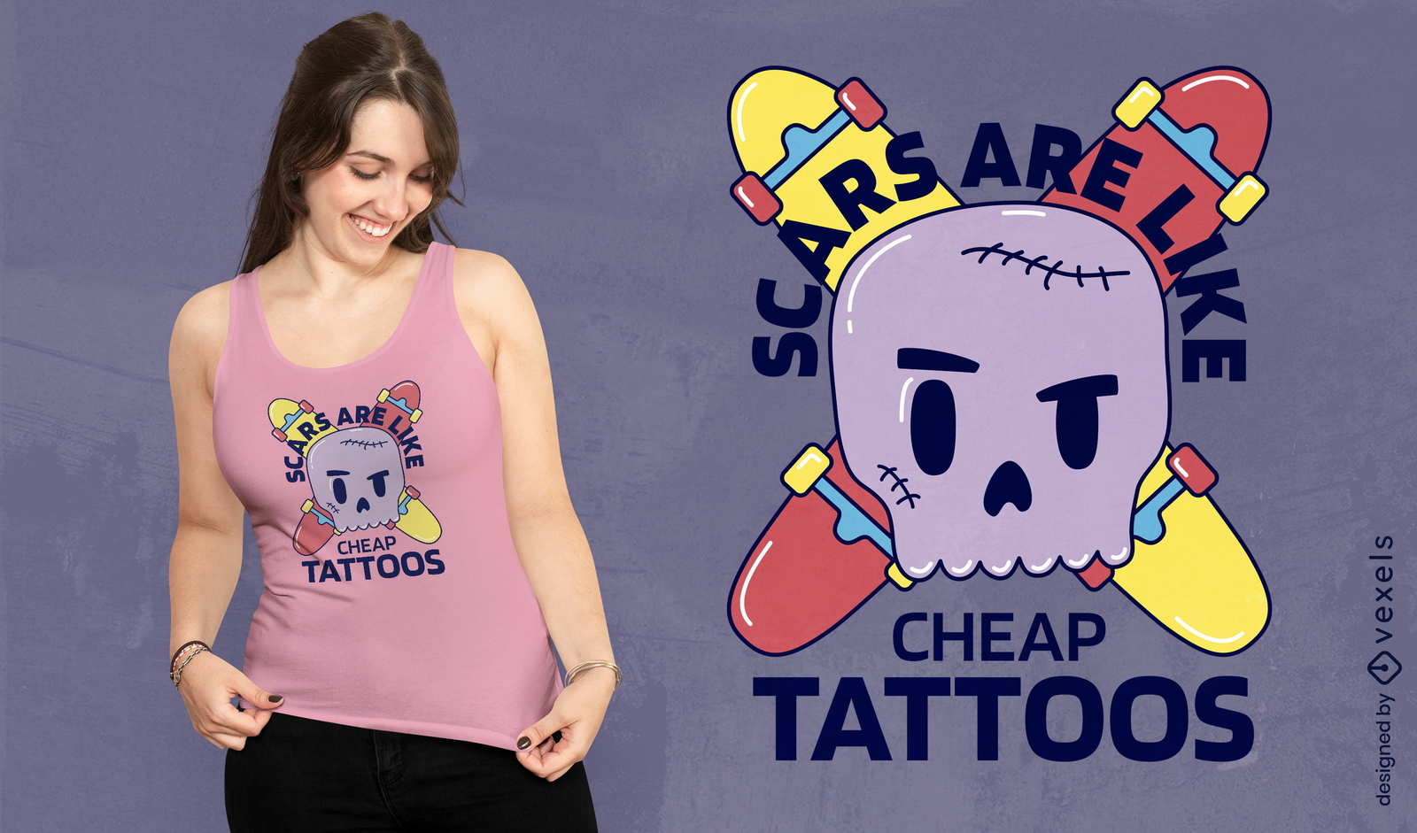 Diseño de camiseta de calavera y patinetas.