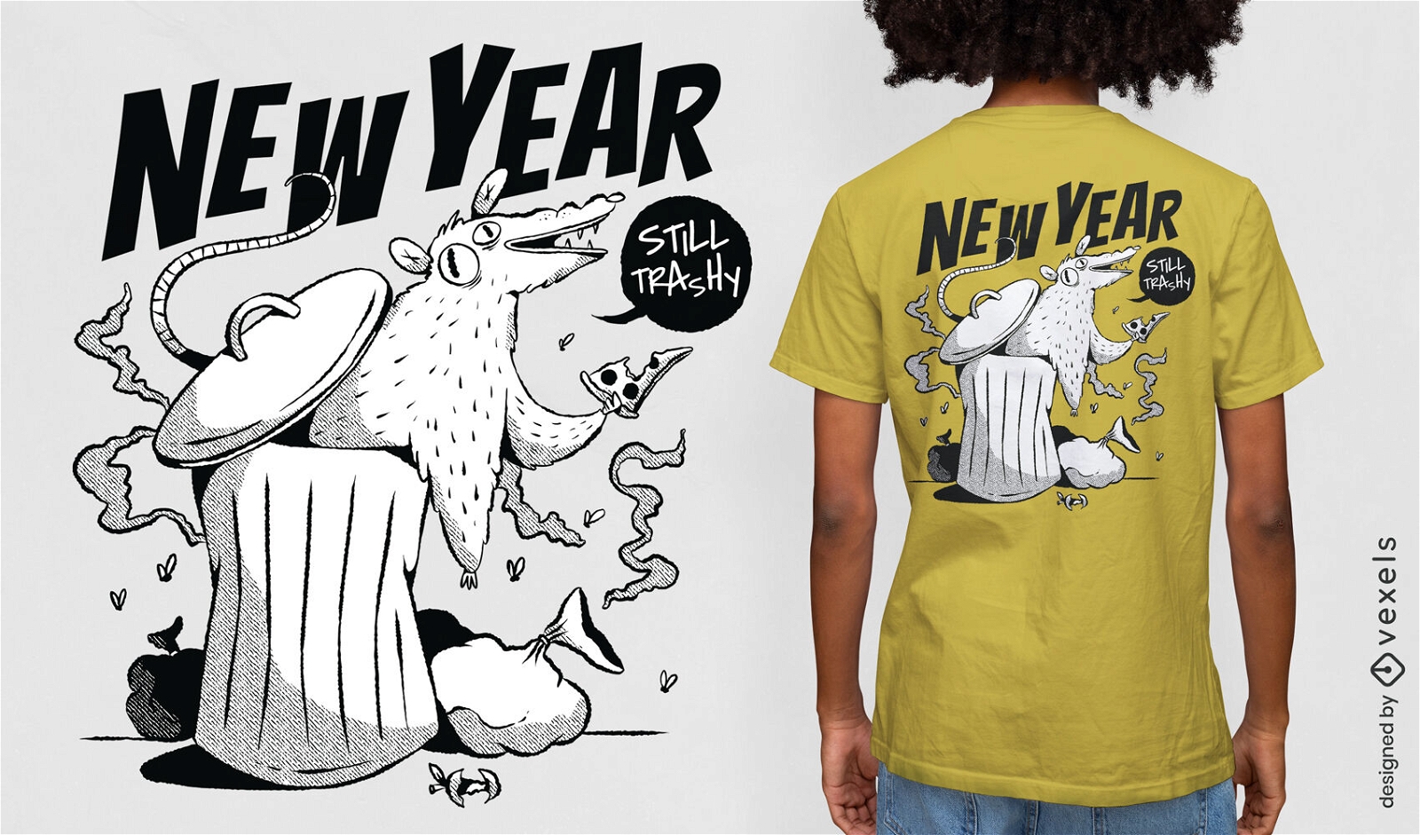 Diseño de camiseta contra la rata de año nuevo en la basura.