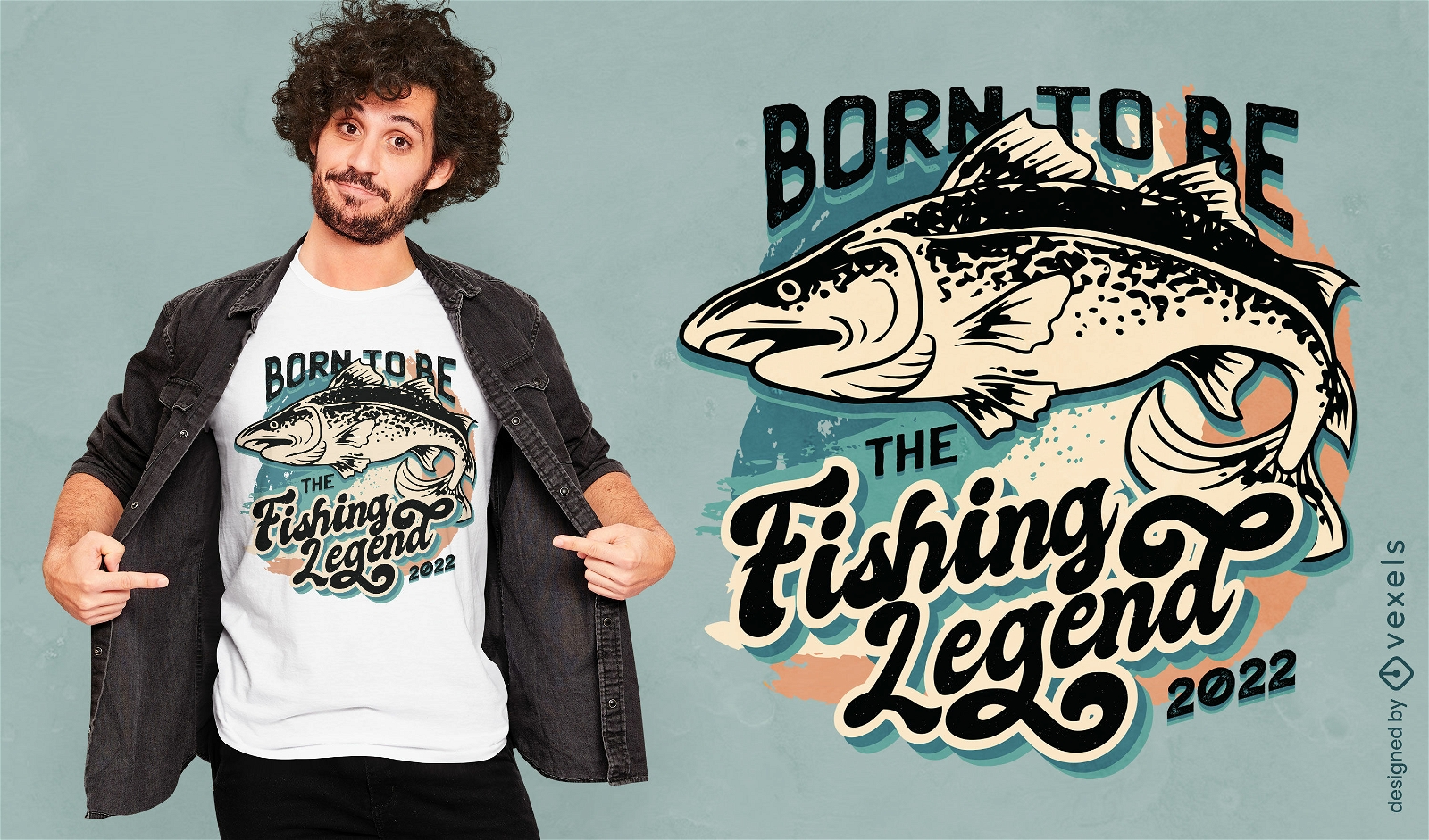 Design de camiseta de peixe de lenda de pesca