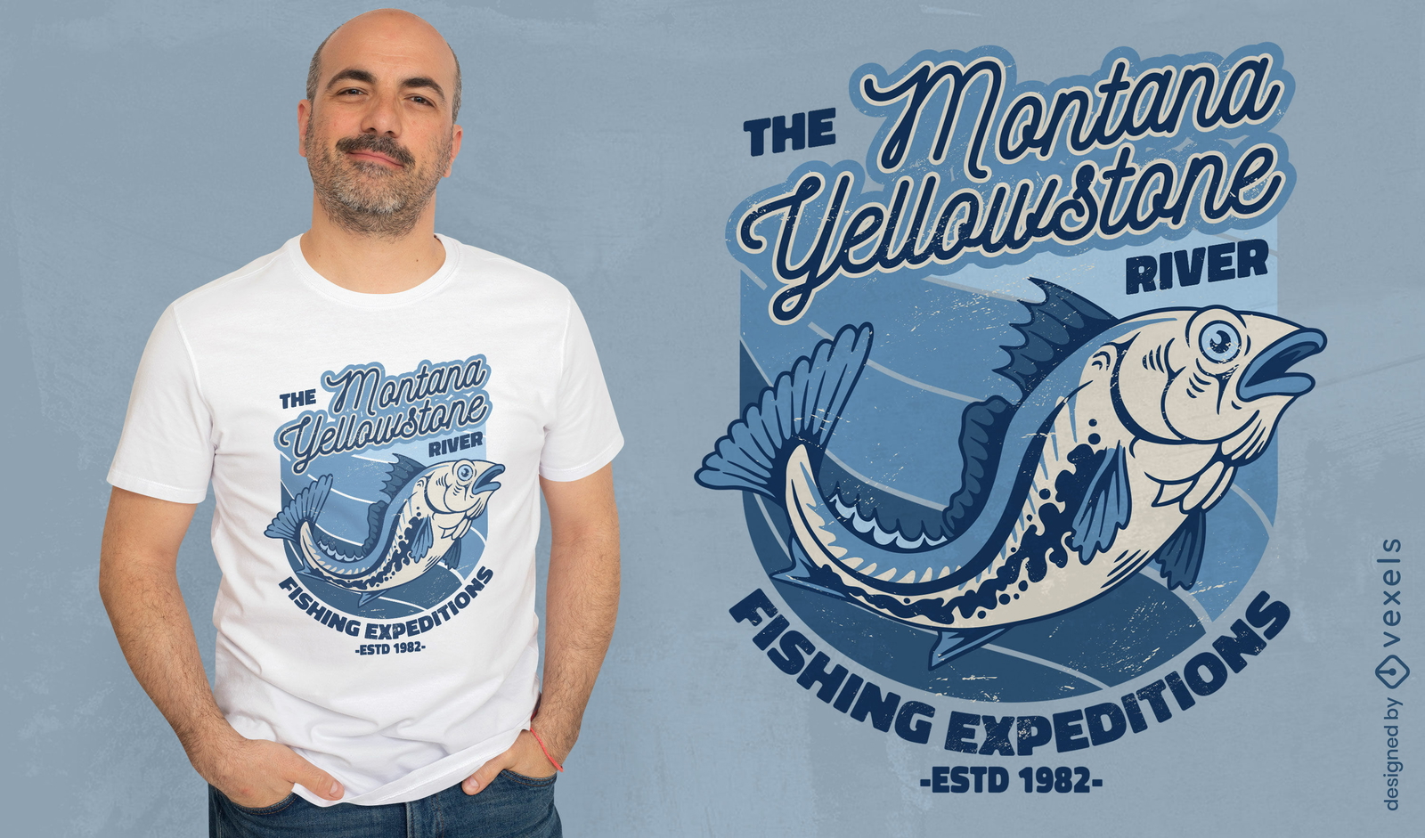 Diseño de camiseta de expediciones de pesca en el río.