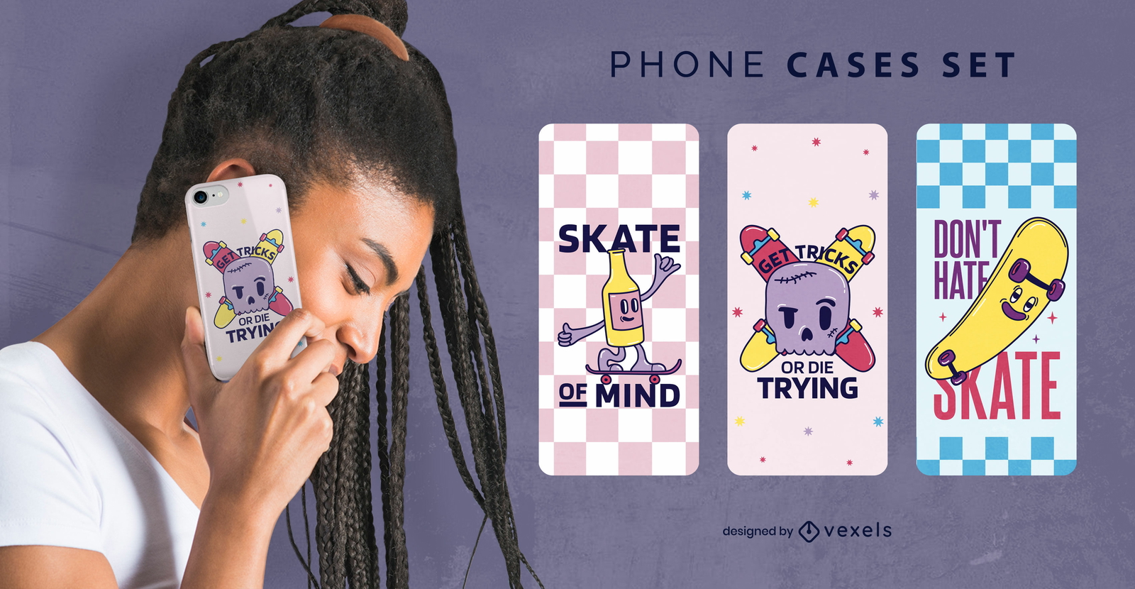 Conjunto de funda de teléfono de dibujos animados de skateboarding