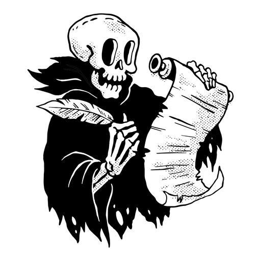 Skull with parchment paper and quill pen PNG Design