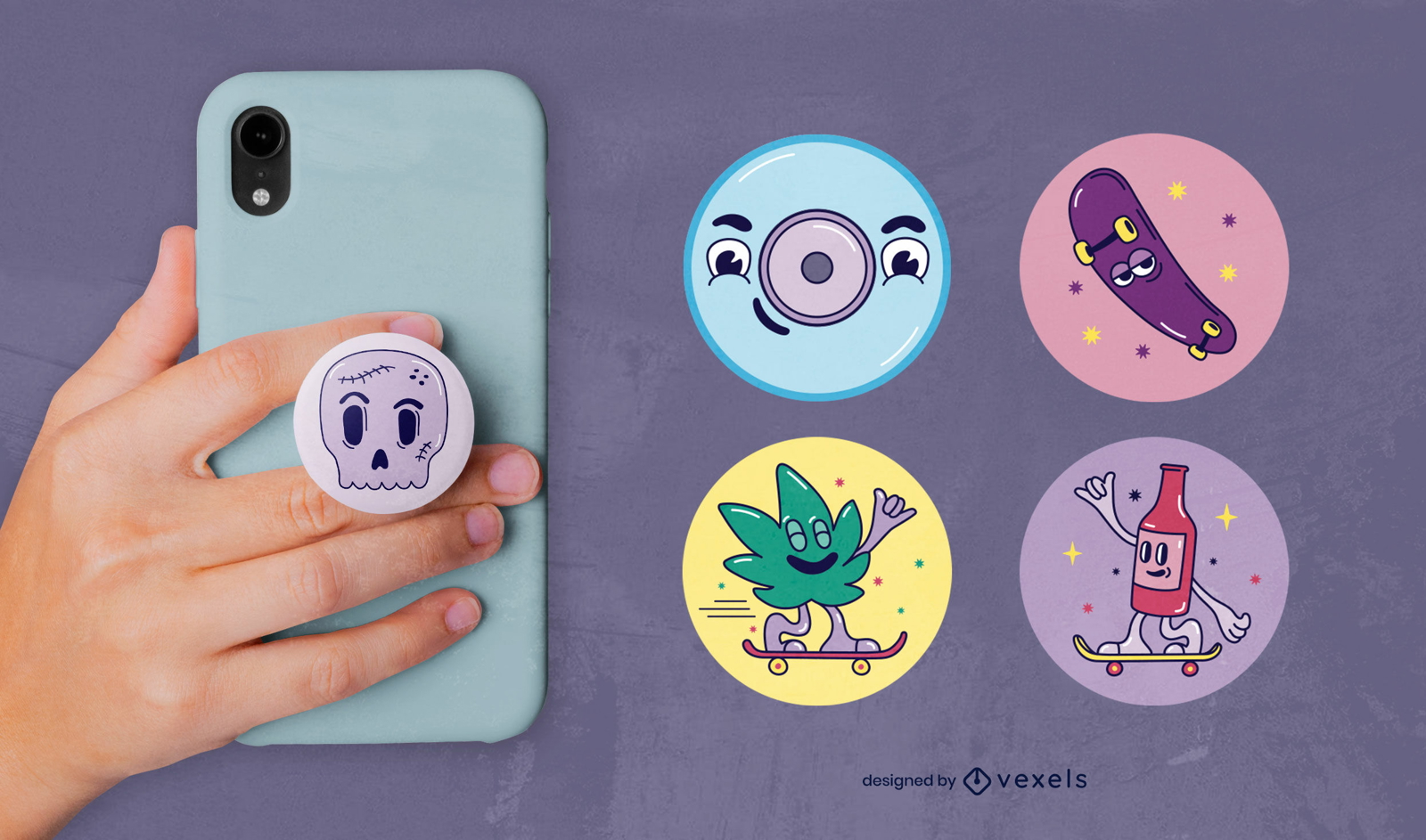 Conjunto de popsocket de desenhos animados de skate