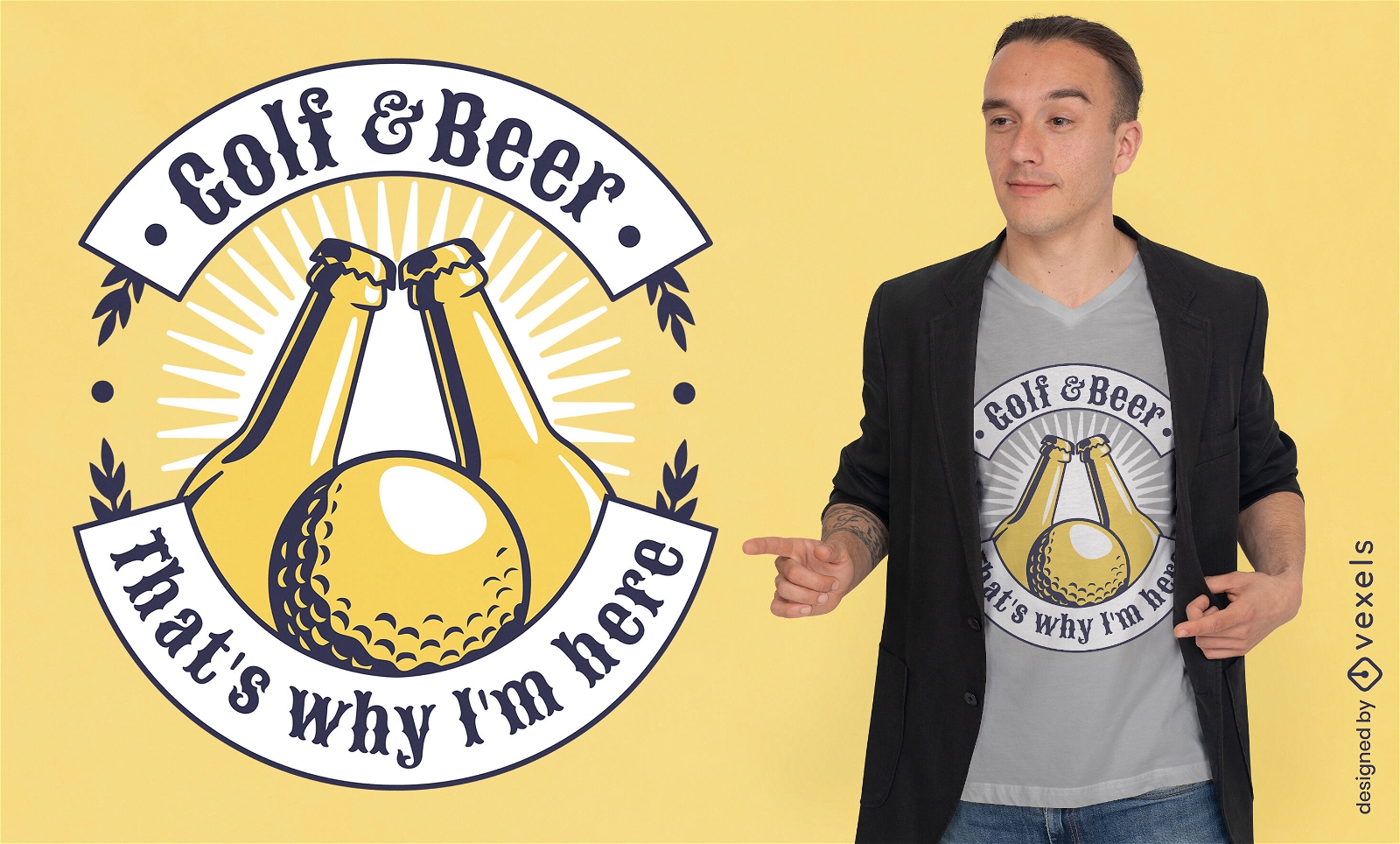 Bola de golfe e design de t-shirt de garrafas de cerveja