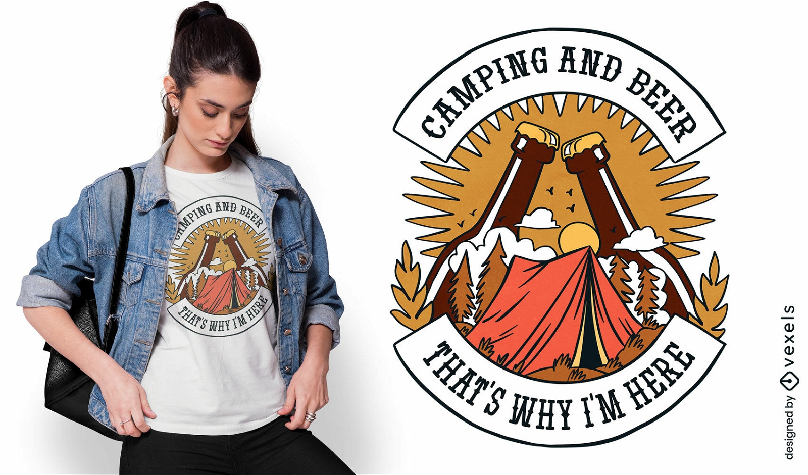 Design de camiseta de camping e bebidas de cerveja