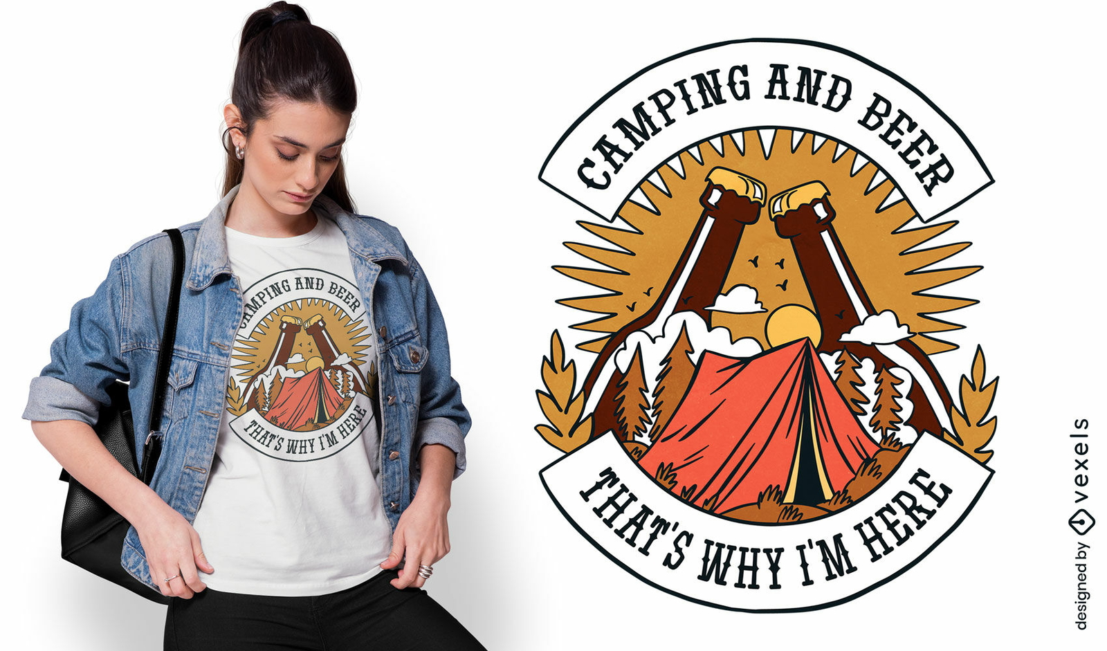 Diseño de camiseta de bebidas de camping y cerveza.