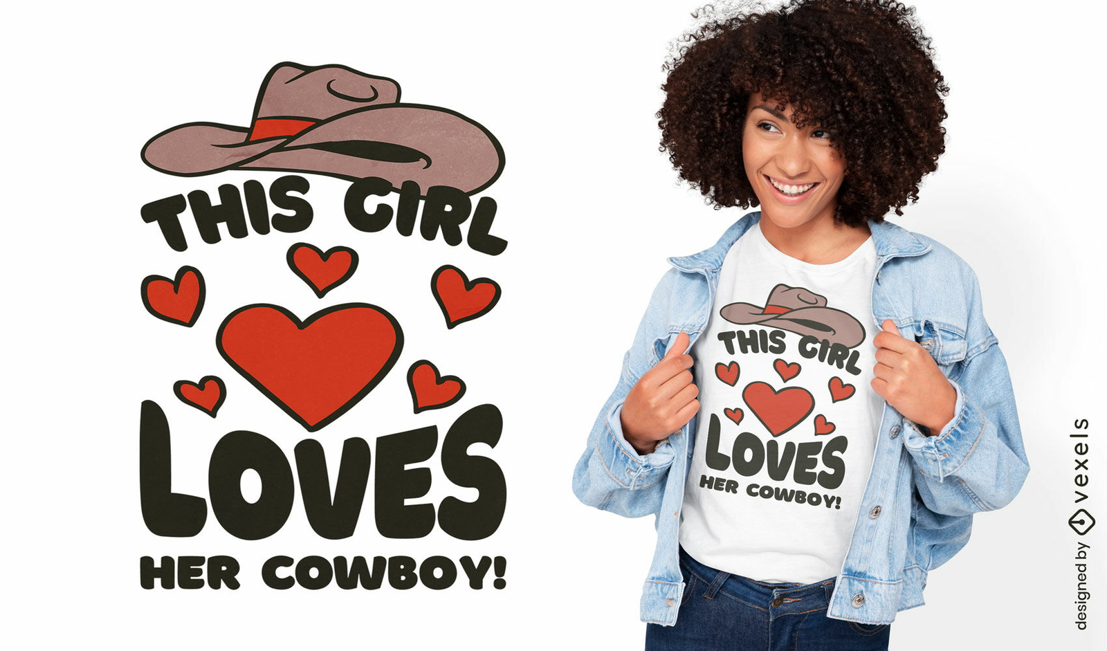 Diseño de camiseta con sombrero de vaquero y corazones.