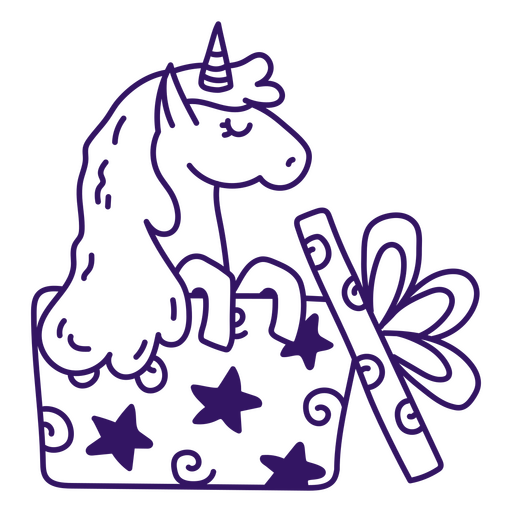 Unicornio mágico en una caja de regalo. Diseño PNG