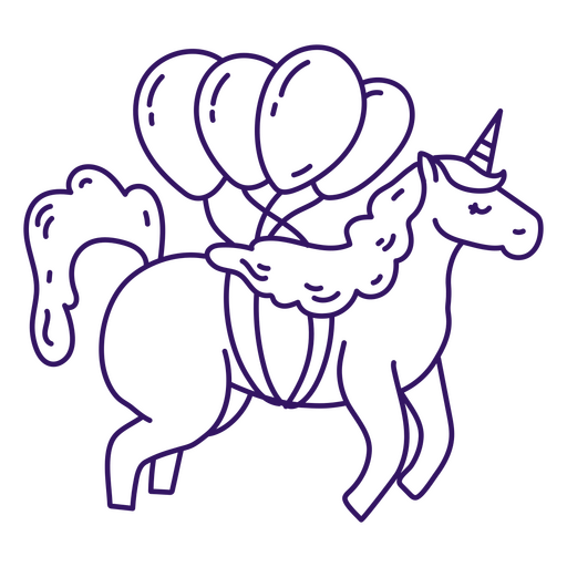 Unicornio mágico volando con globos de cumpleaños. Diseño PNG