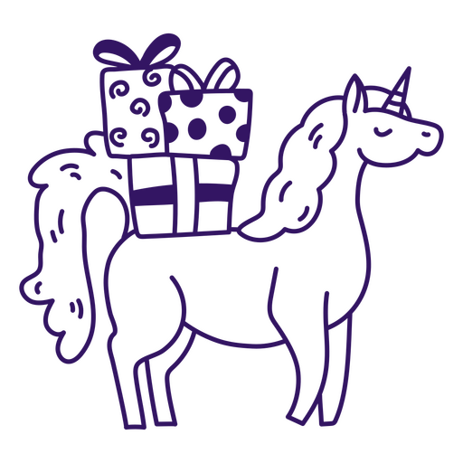 Unicornio mágico con cajas de regalo. Diseño PNG
