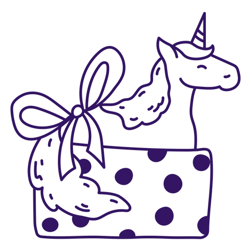 Mythical birthday unicorn in a gift box PNG Design