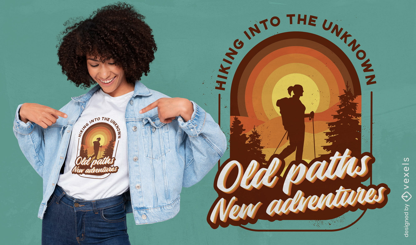 Woman hiking retro background t-shirt design