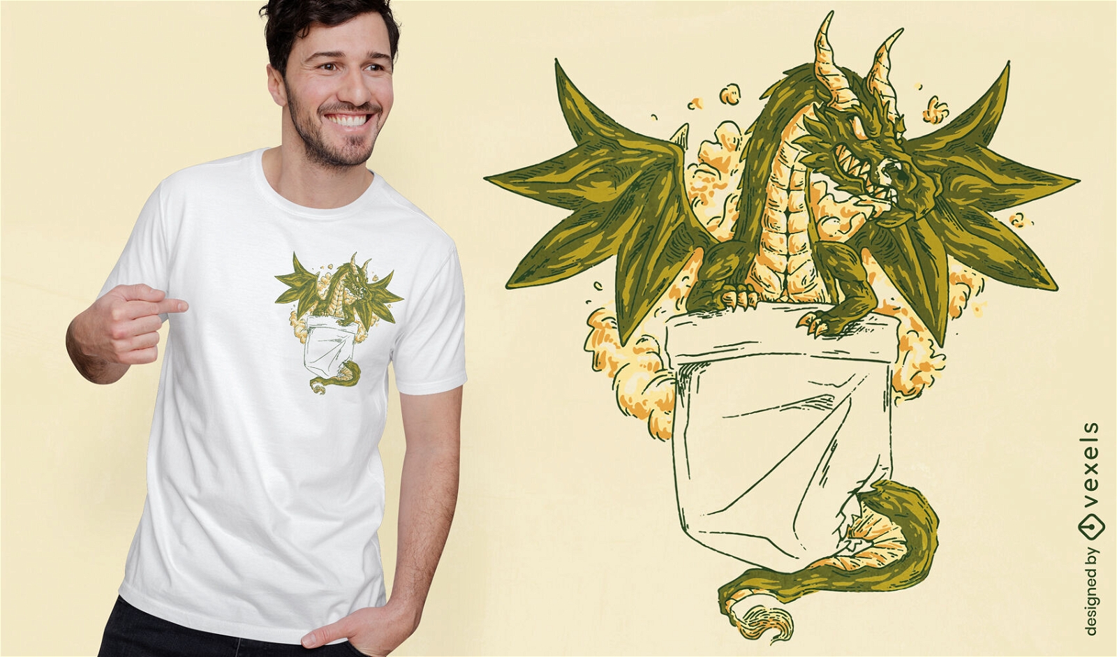 Criatura dragón en diseño de camiseta de bolsillo.