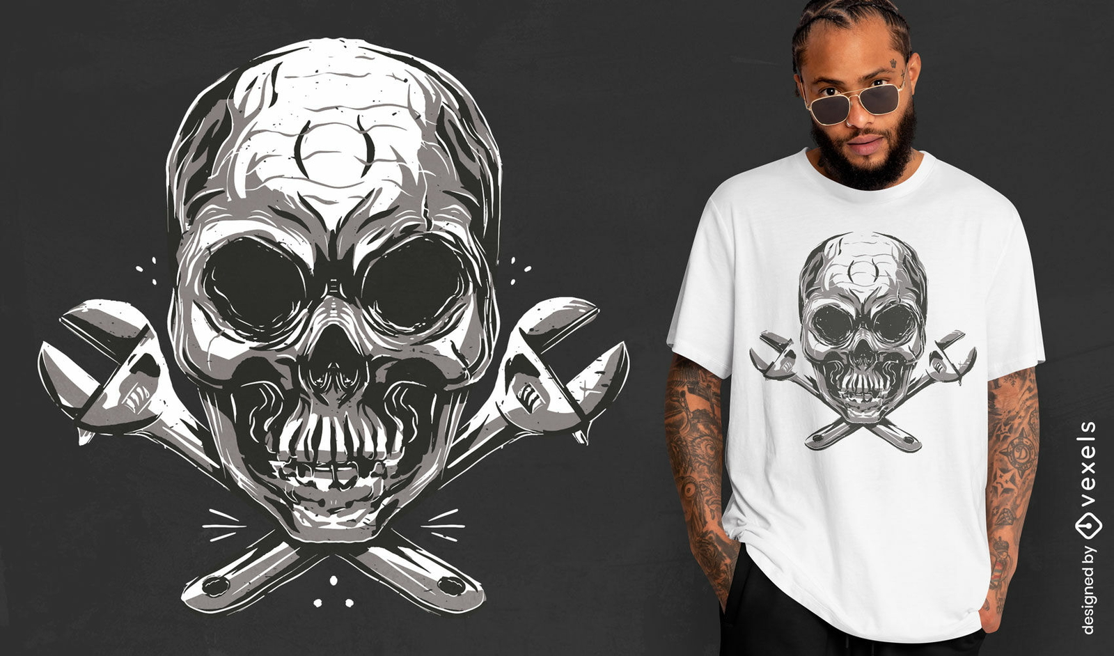 Diseño de camiseta de herramientas de calavera y llaves.