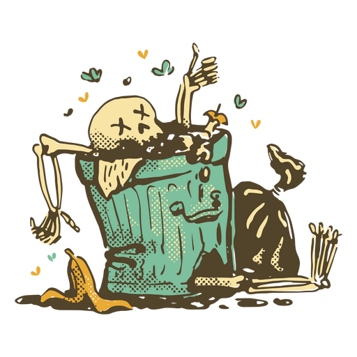 Esqueleto escondido dentro de uma lata de lixo Desenho PNG