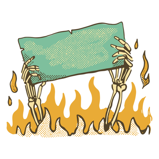 Mãos esqueléticas segurando um documento em meio a chamas infernais Desenho PNG