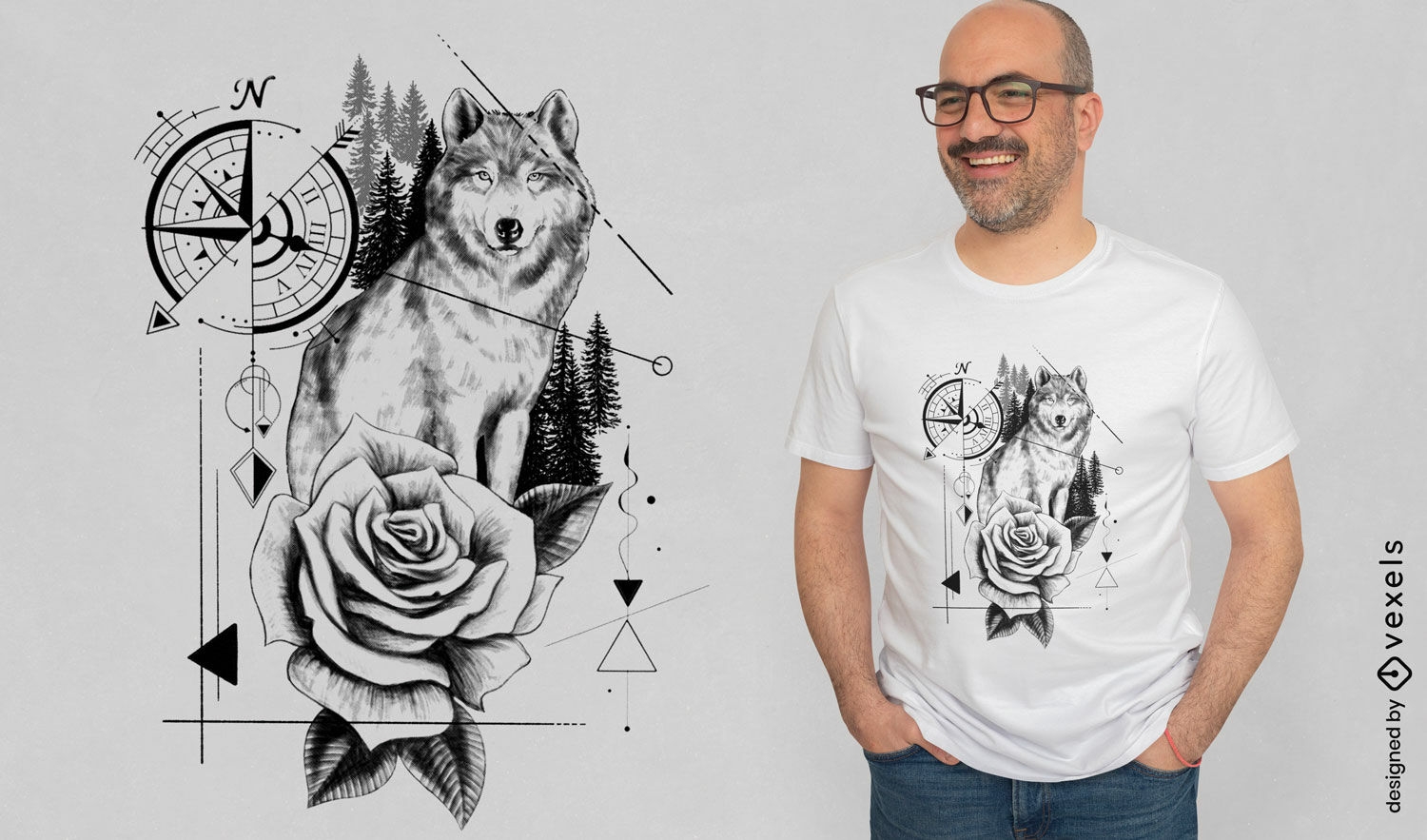 Wolf-Tier- und Rosen-T-Shirt-Design