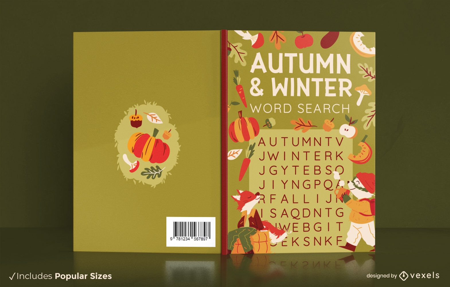 Diseño de portada de libro de búsqueda de palabras de otoño e invierno