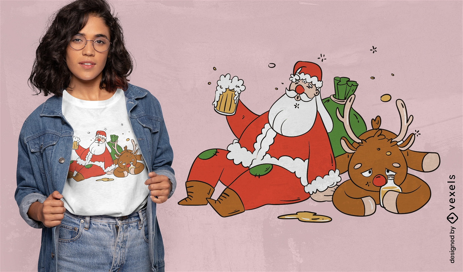 Design de camiseta b?bada de Papai Noel e renas