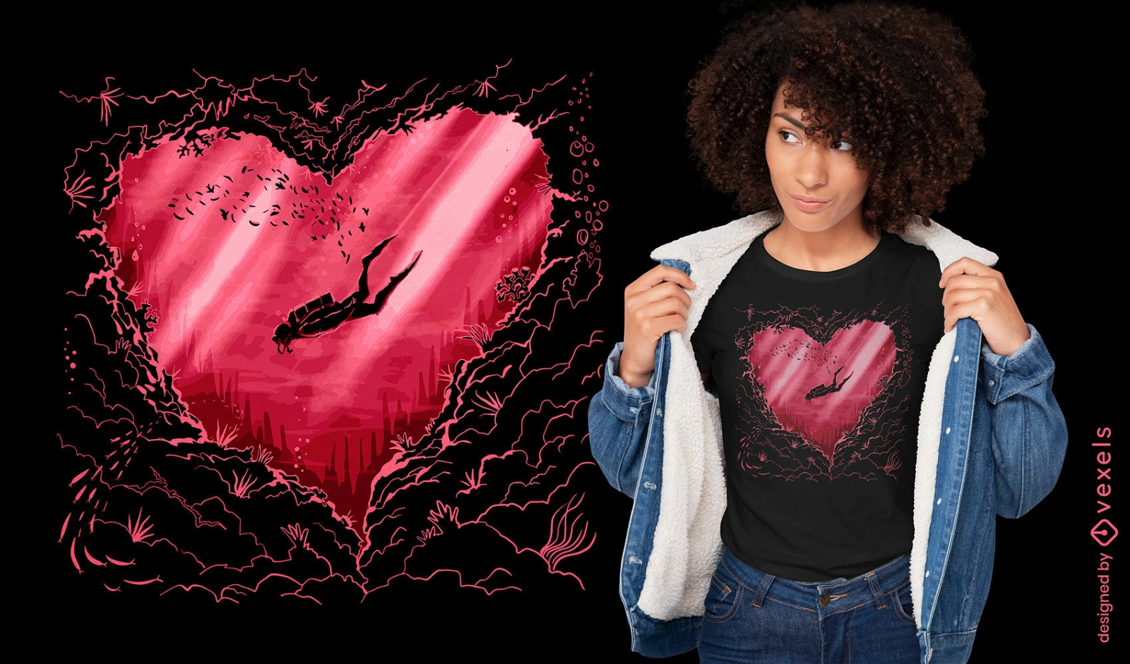 Diseño de camiseta de corazón de océano de buceo.