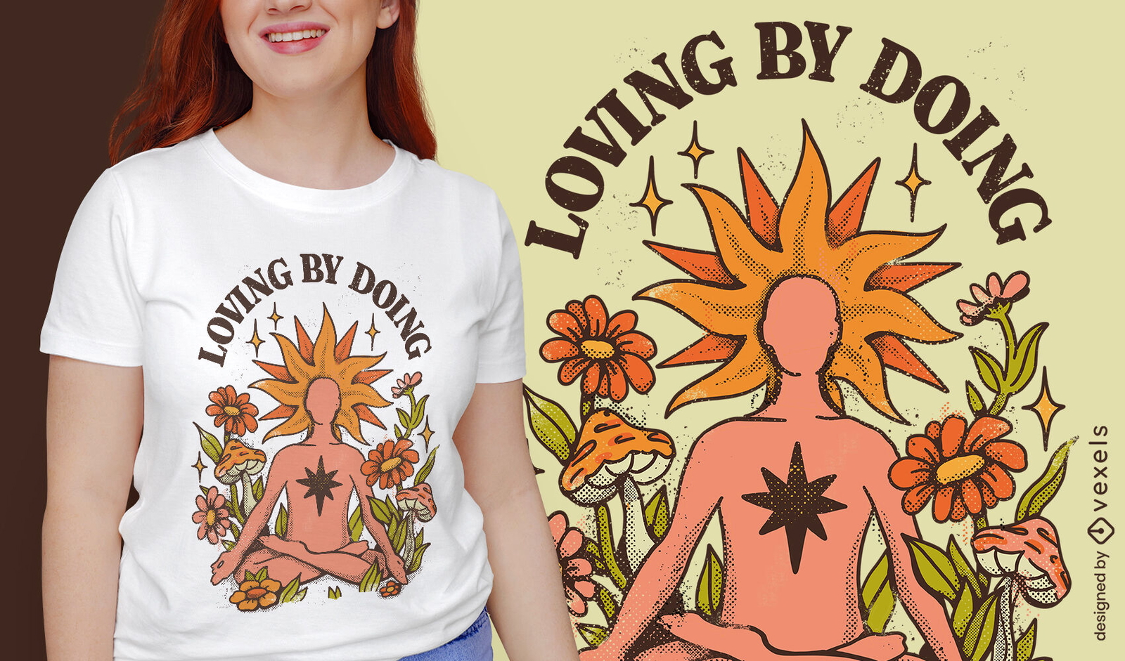 Persona meditando en diseño de camiseta de jardín.