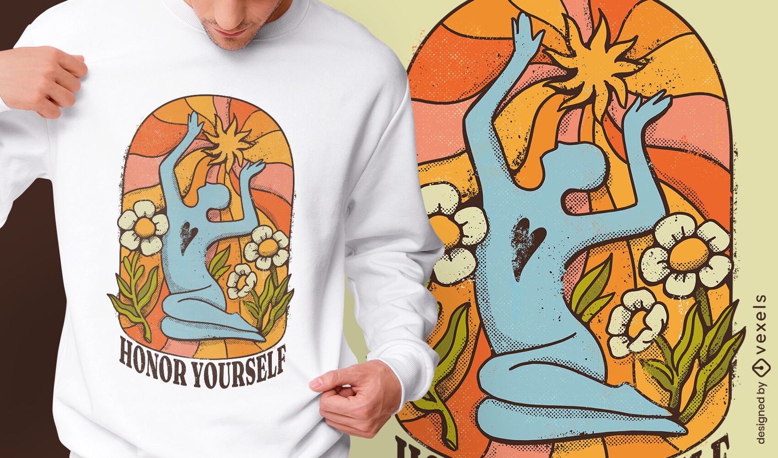 Diseño de camiseta vintage de meditación en el jardín.