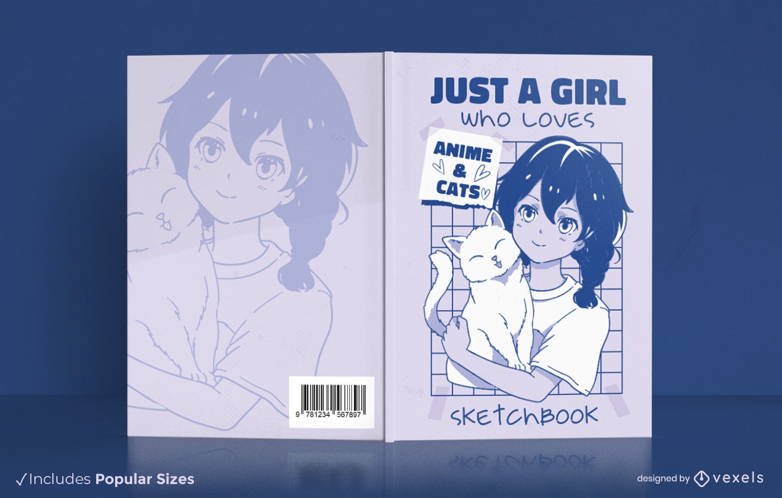 Garota de anime com design de capa de livro de gato