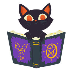 Gato de Halloween leyendo un libro de hechizos Diseño PNG