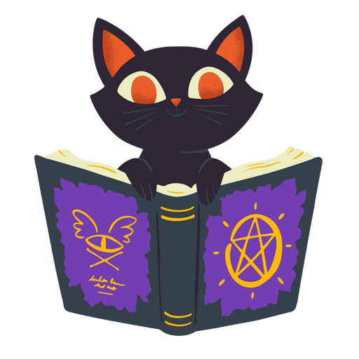 Gato de Halloween lendo um livro de feitiços Desenho PNG