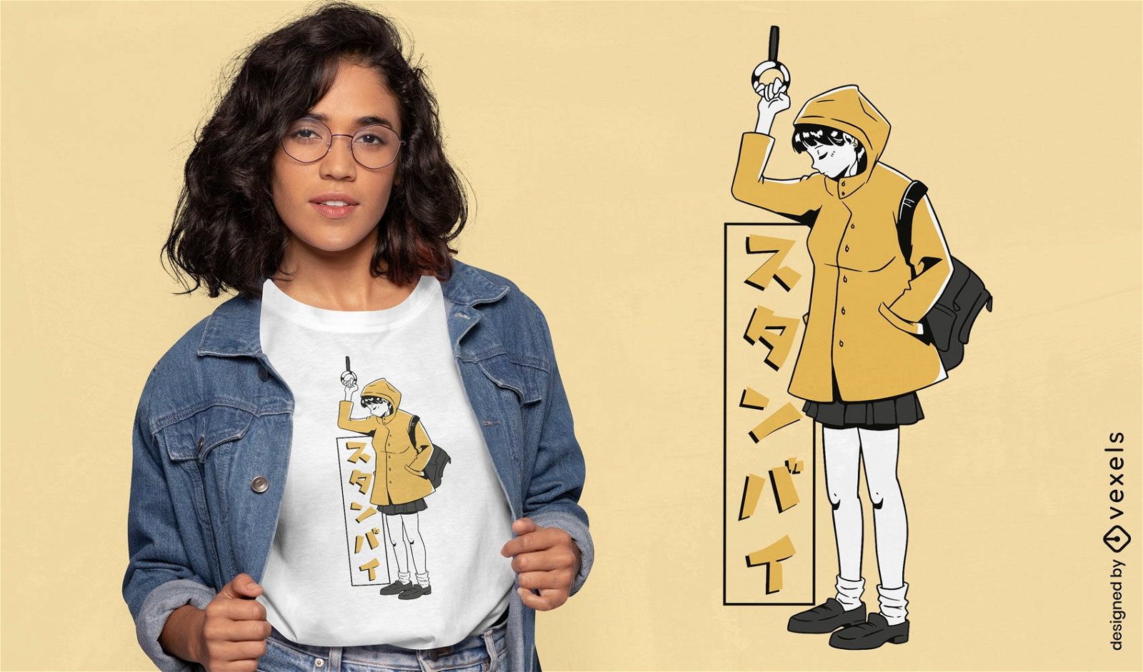 Chica anime en diseño de camiseta impermeable amarilla.