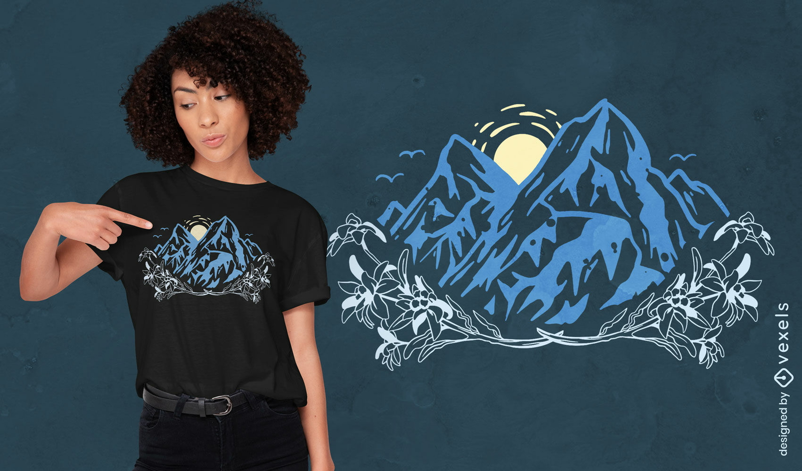 Diseño de camiseta de paisaje alpes montañas.