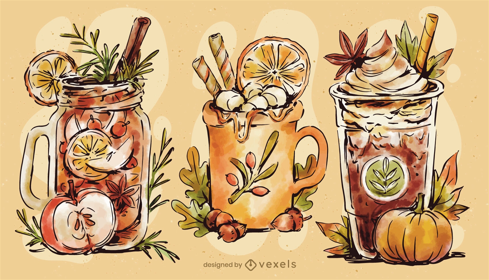 Conjunto de aquarela de bebidas aconchegantes da temporada de outono