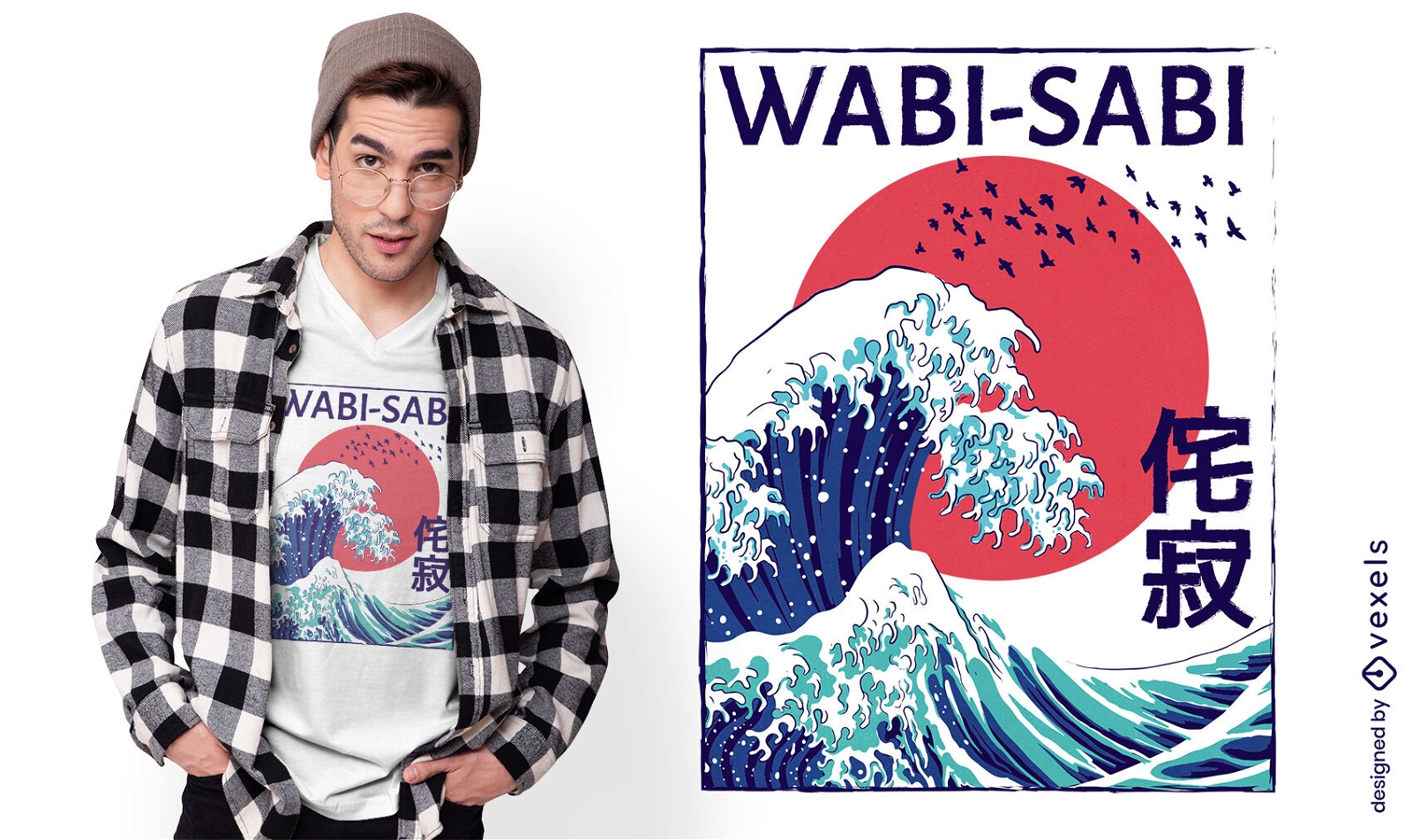 Design de camiseta de kanji japonês de ondas do mar