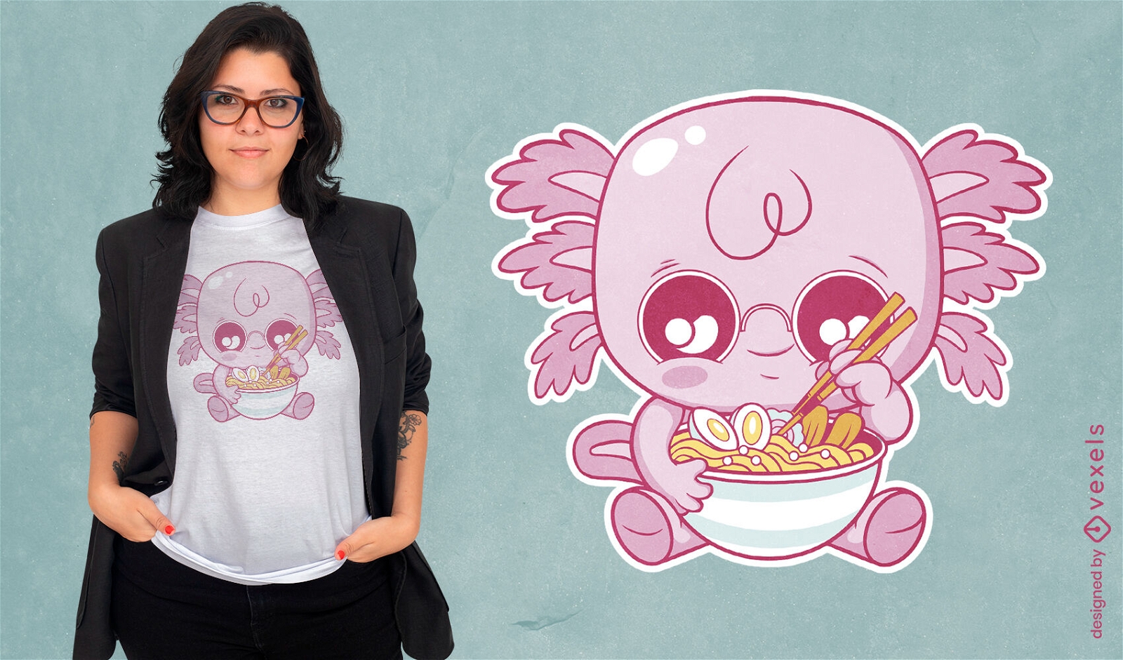 Adorable axolotl comiendo diseño de camiseta de ramen
