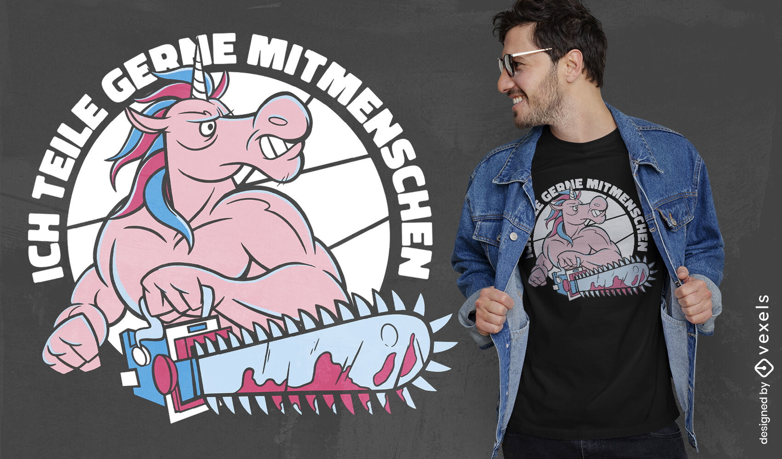 Unicórnio forte com design de camiseta de motosserra