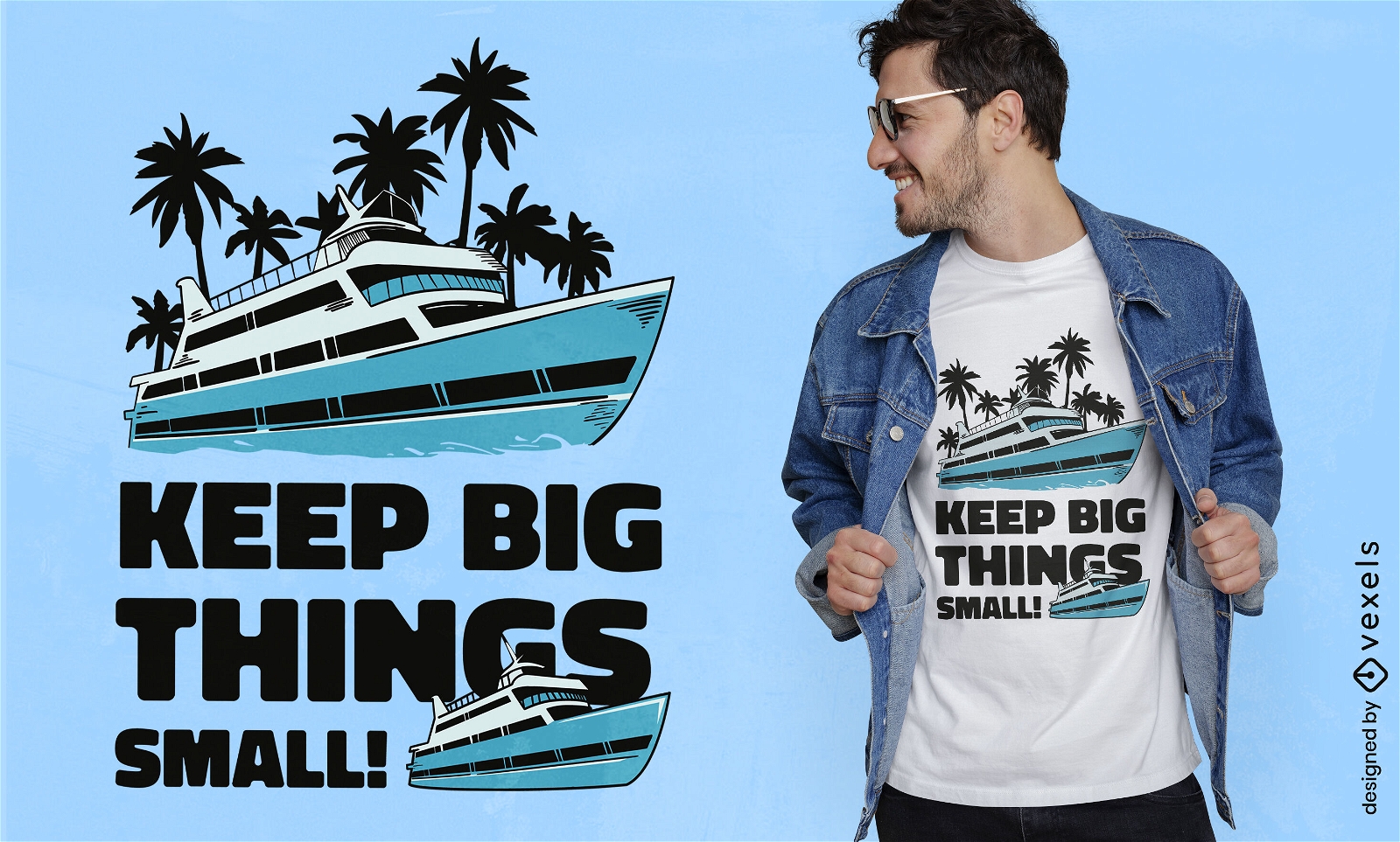 Yacht with palm trees t-shirt design