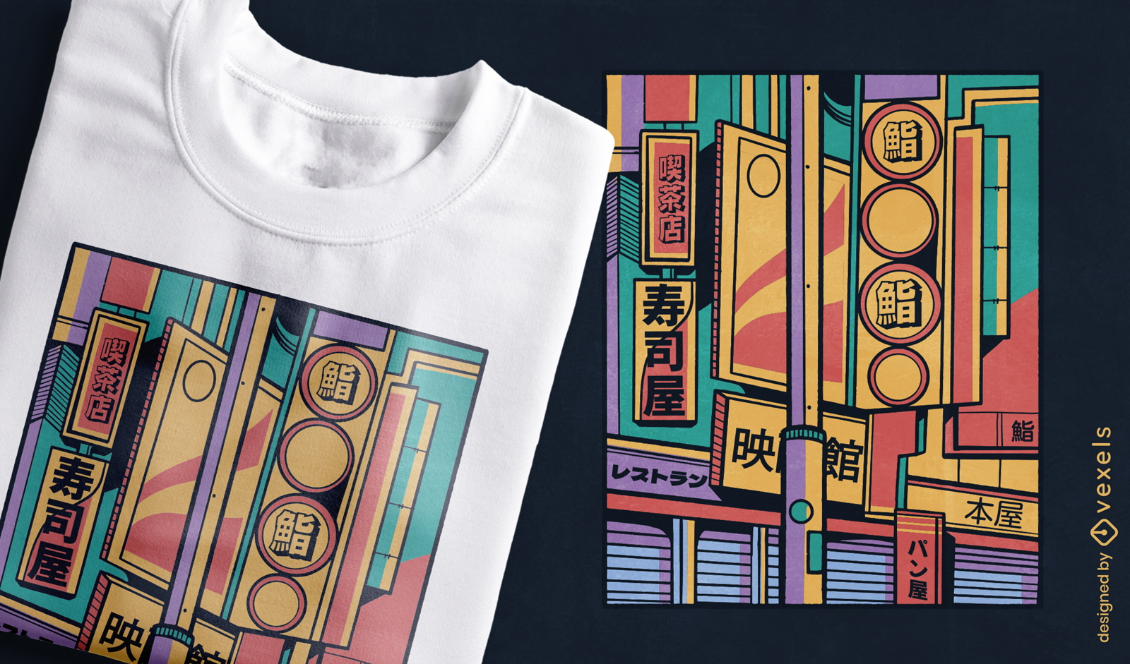 Diseño de camiseta colorida de la ciudad japonesa.