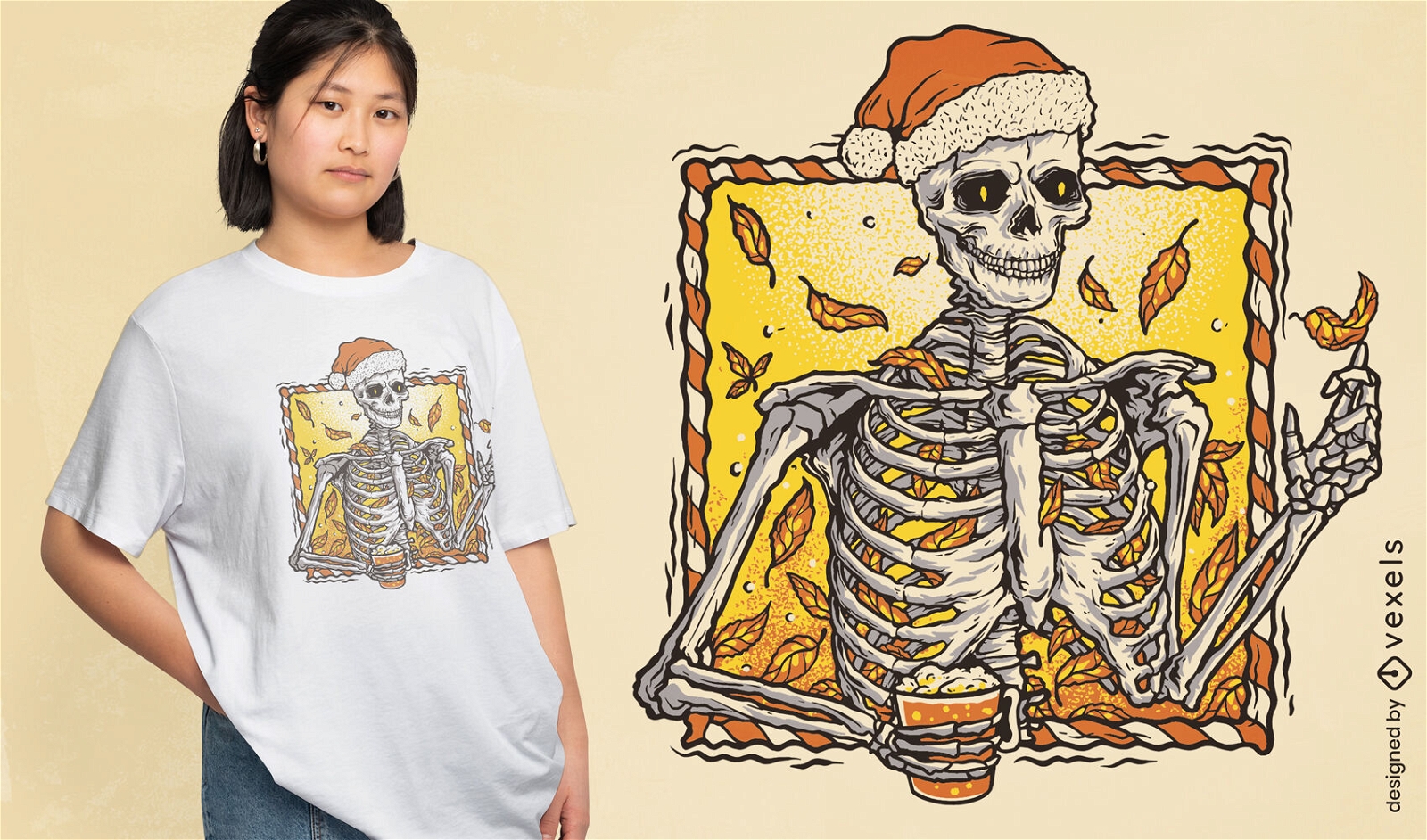 Diseño de camiseta de otoño esqueleto navideño.