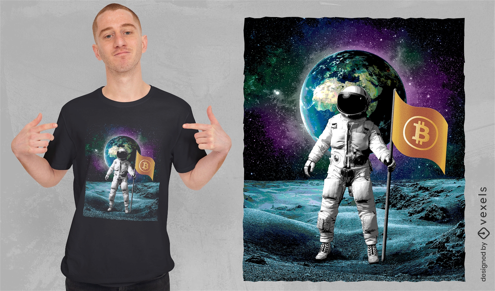 Astronaut with cryptocurrency flag t-shirt psd