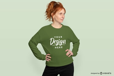 Rothaarige Frau mit grünem Sweatshirt-Modell