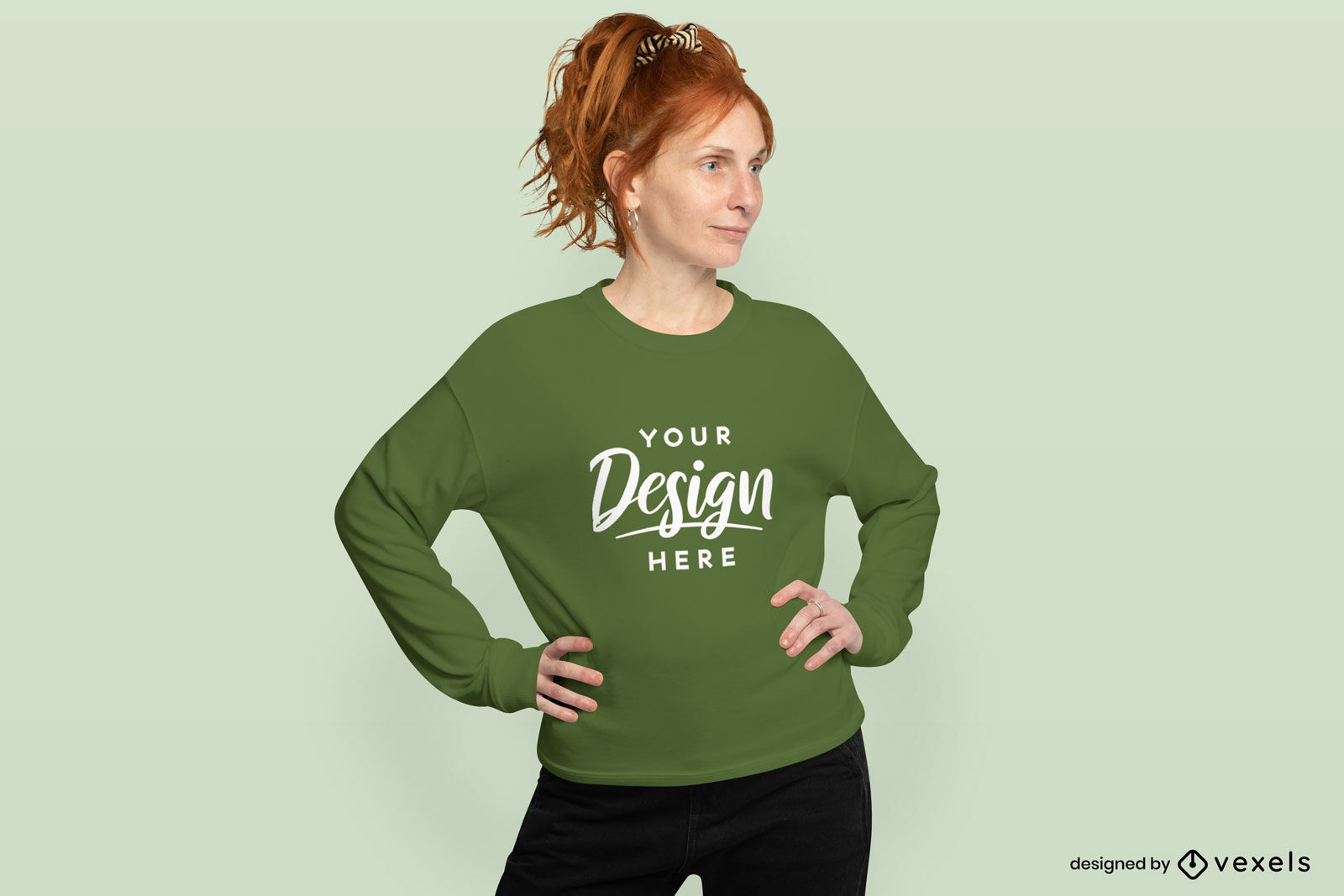Redhead woman with green sweatshirt mockup