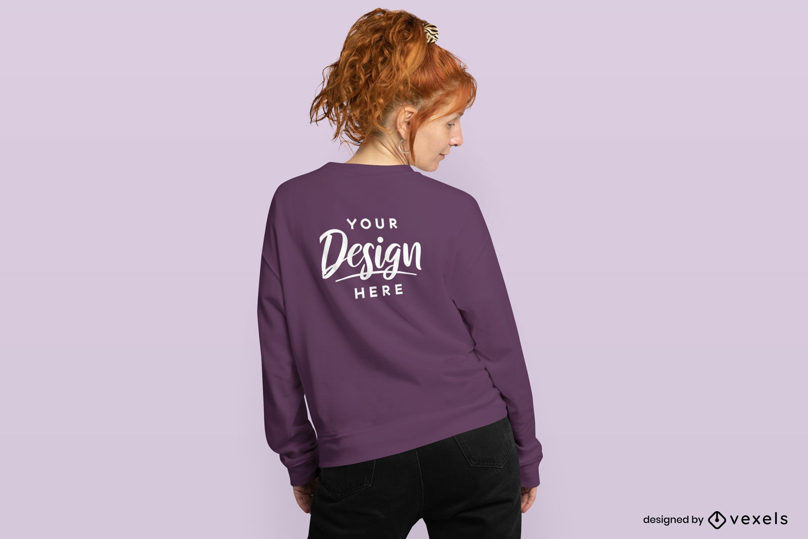 Red hair woman with ponytail and purple sweatshirt mockup