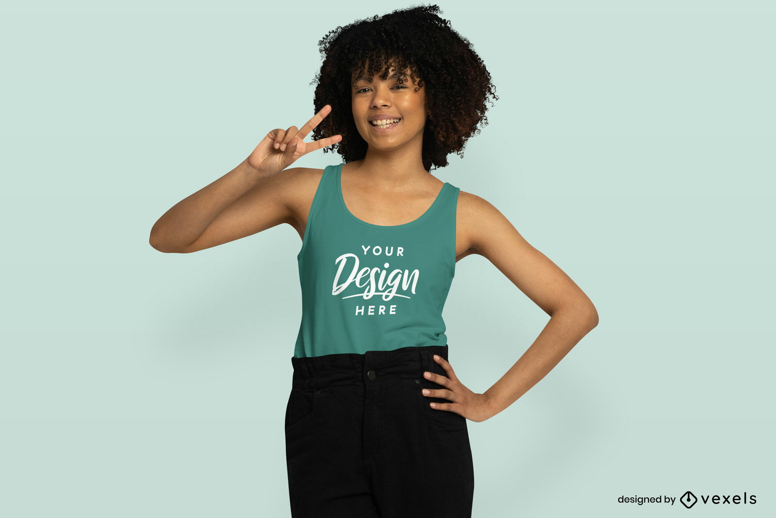 Woman with tanktop making peace sign mockup