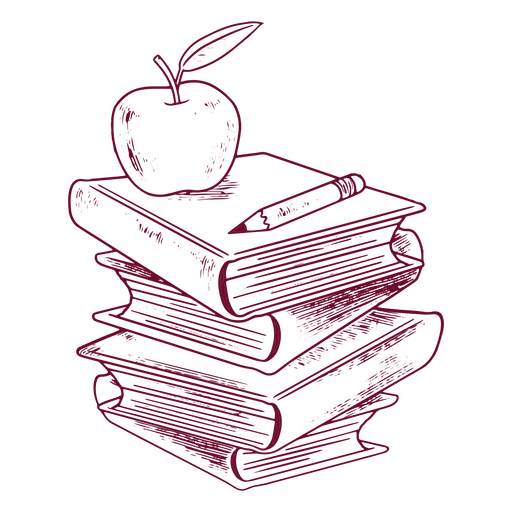 Pila de libros con una manzana y un lápiz encima Diseño PNG