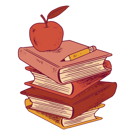 Pila de libros con una manzana y un l?piz encima Diseño PNG