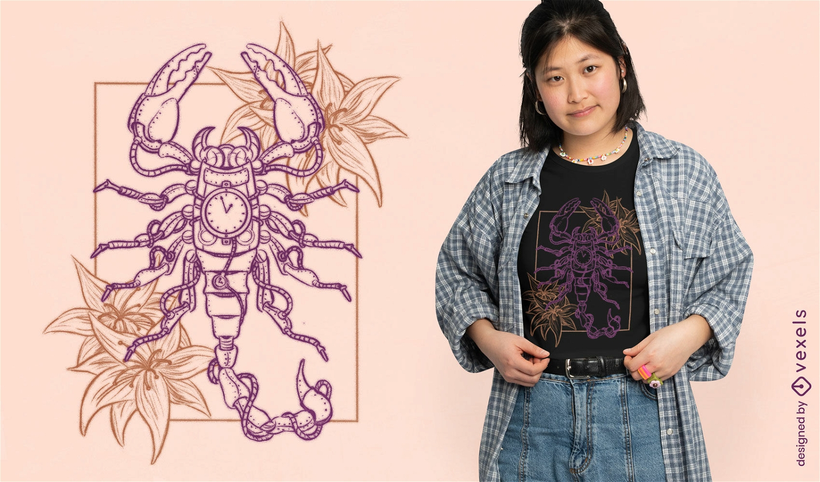 Steampunk-Skorpion-Blumen-T-Shirt-Design