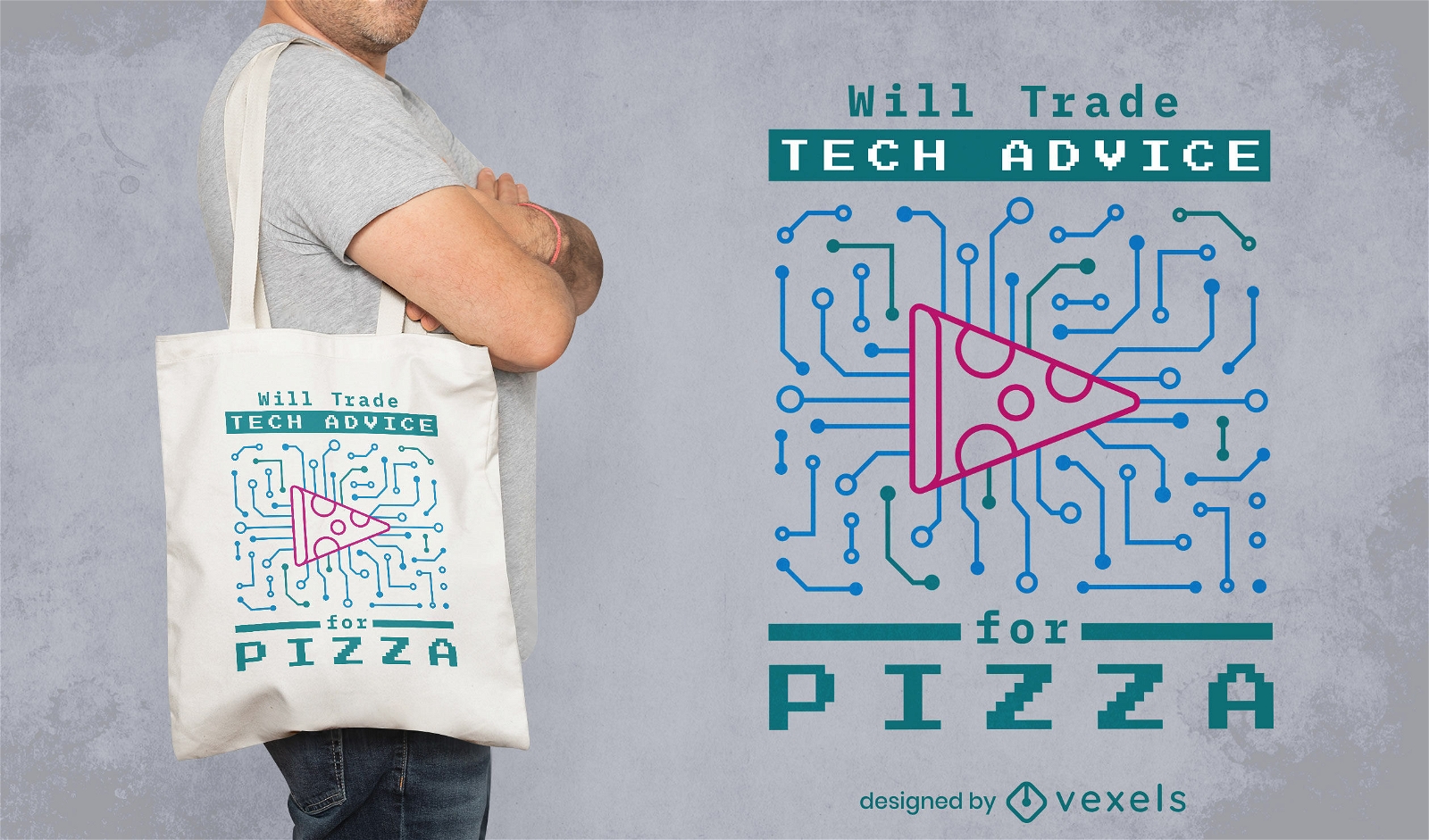 Technology and pizza tote bag design