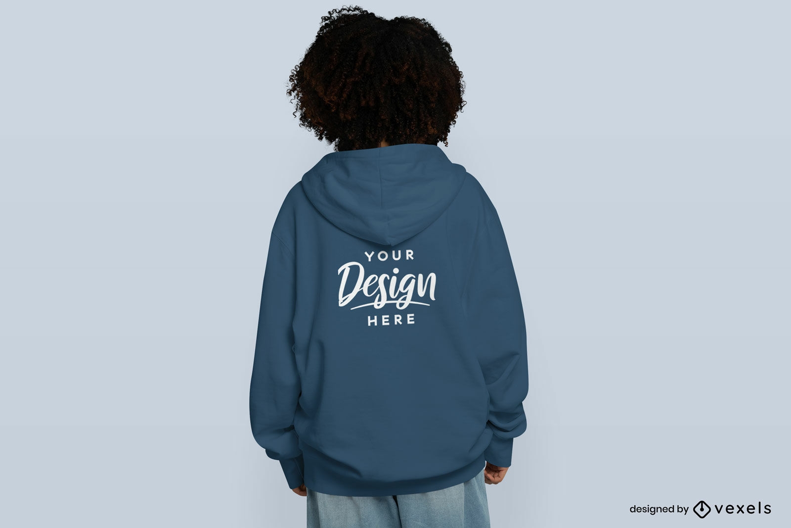 Curly girl from the back with blue hoodie mockup